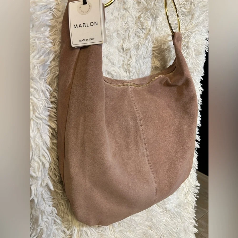 🩷NWT-MARLON GORGEOUS Made In Italy Genuine Suede Leather Circle Handle Hobo🩷